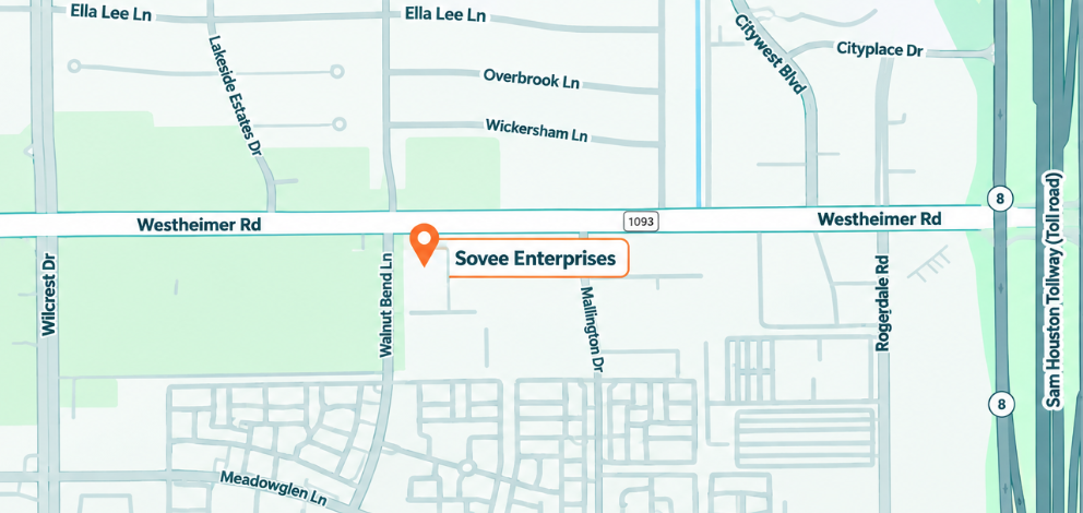 Map showing Sovee Enterprises just south of Westheimer Road, east of Walnut Bend Lane, in Houston.